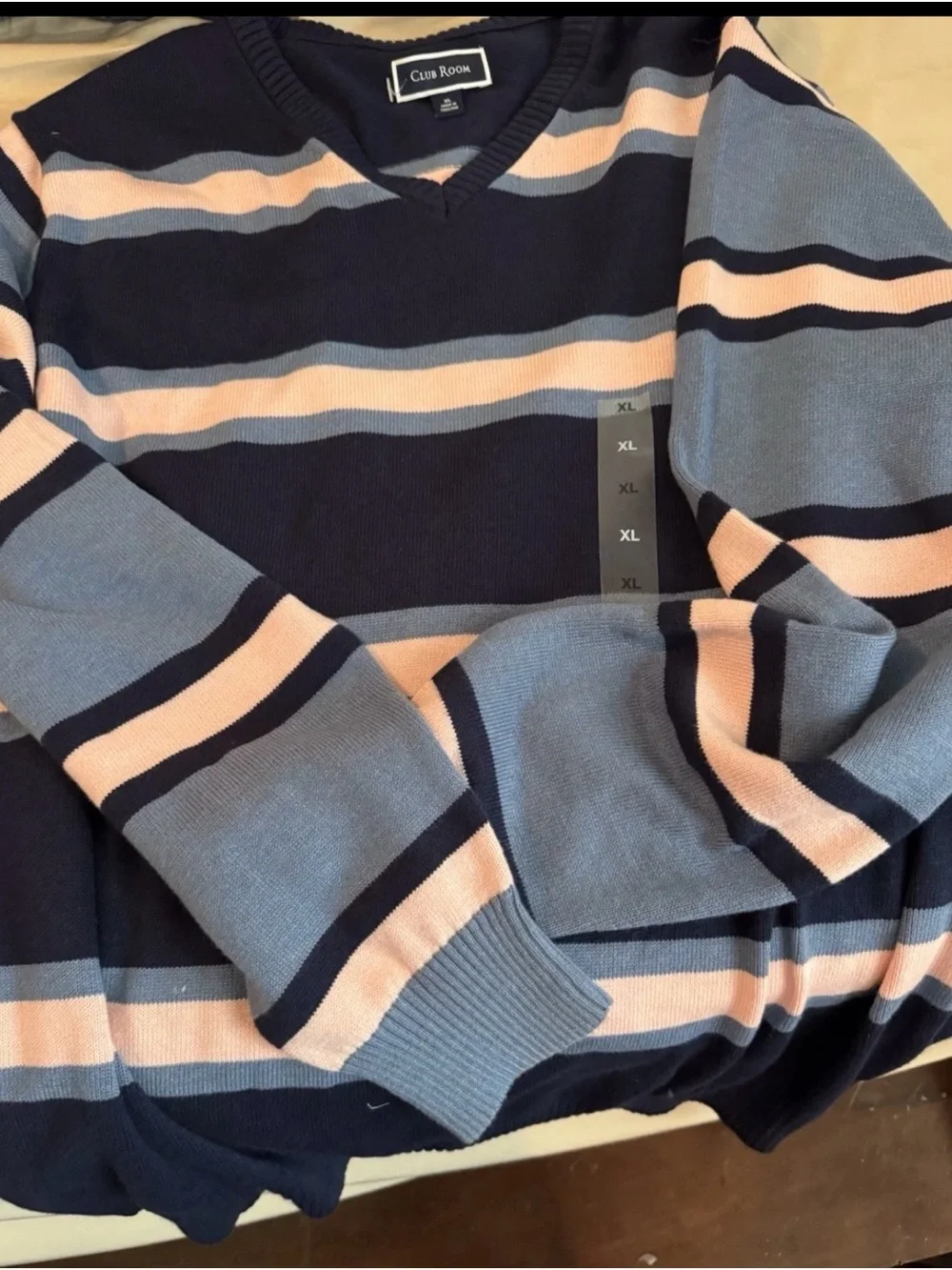 Club Room Men’s Navy, Light Blue & Cream Striped V-Neck Sweater